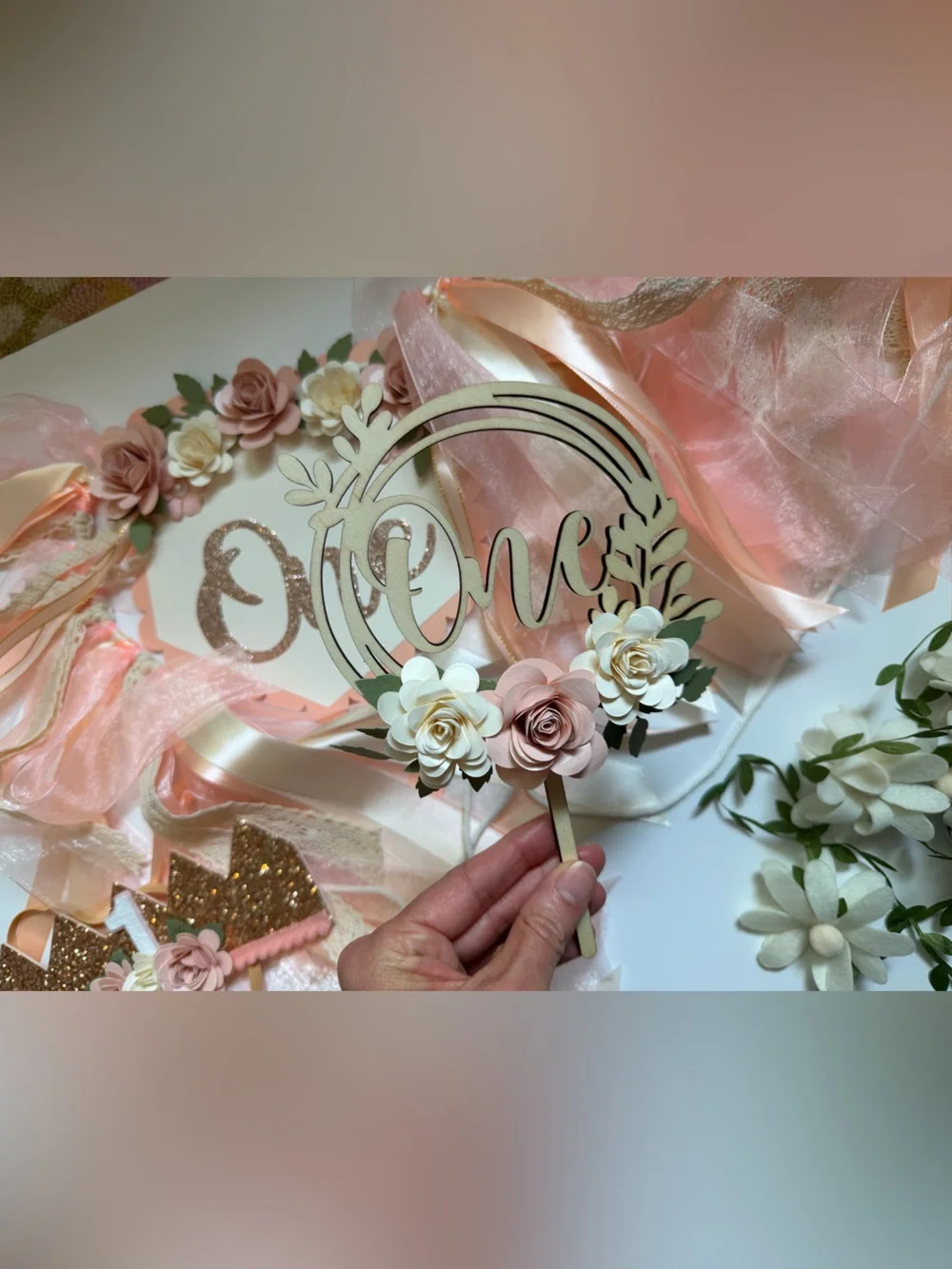 Wildflowers Peach and Cream Floral First Birthday Banner & Cake Topper Set of 4